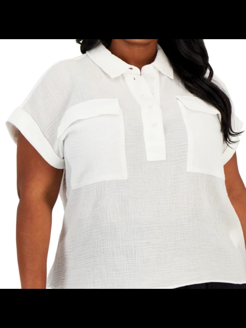 Calvin Klein White Short-Sleeve Button-Front Pocket Top
